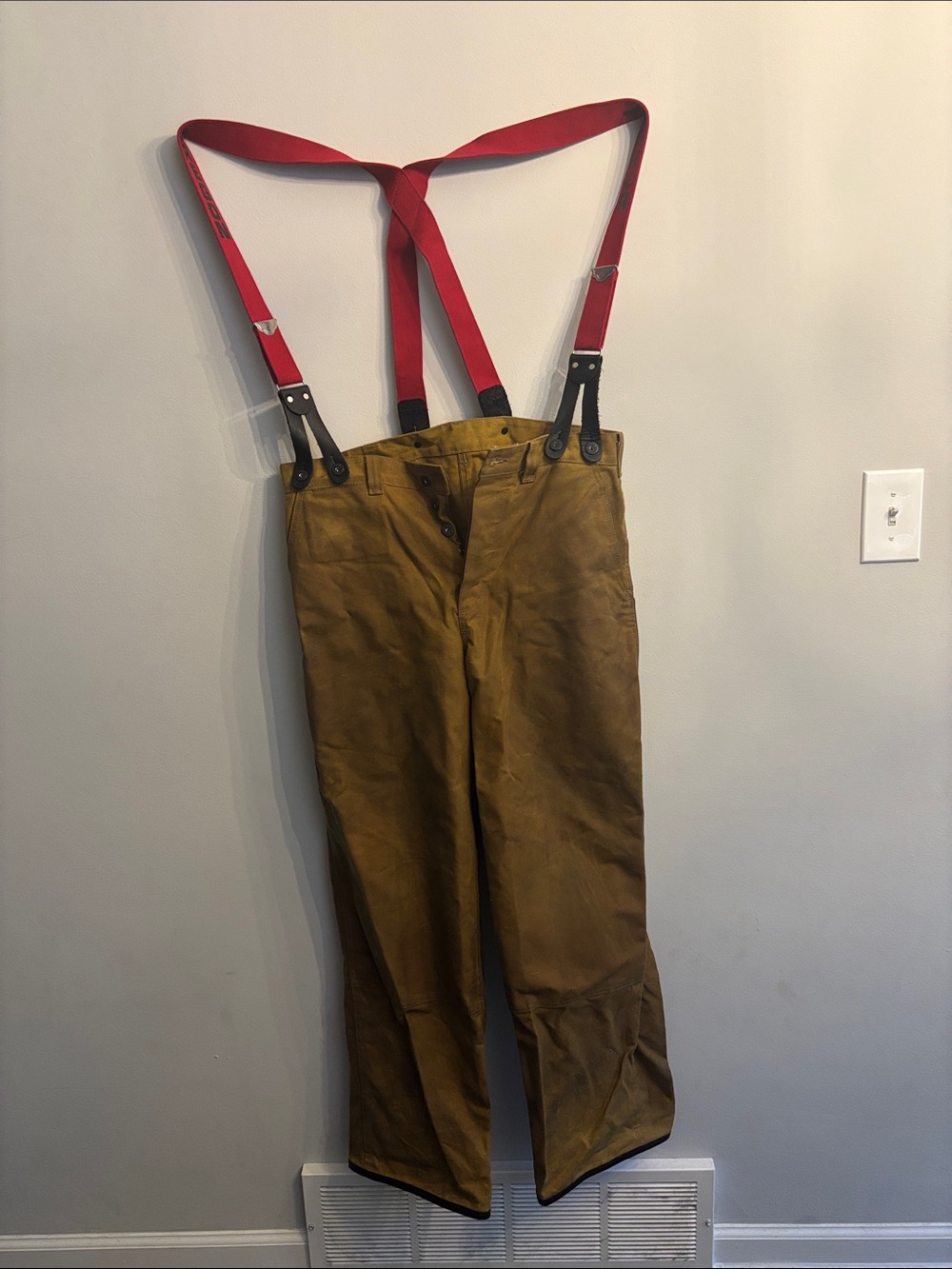 Filson Brown Corduroy Work Pants with Red Suspenders